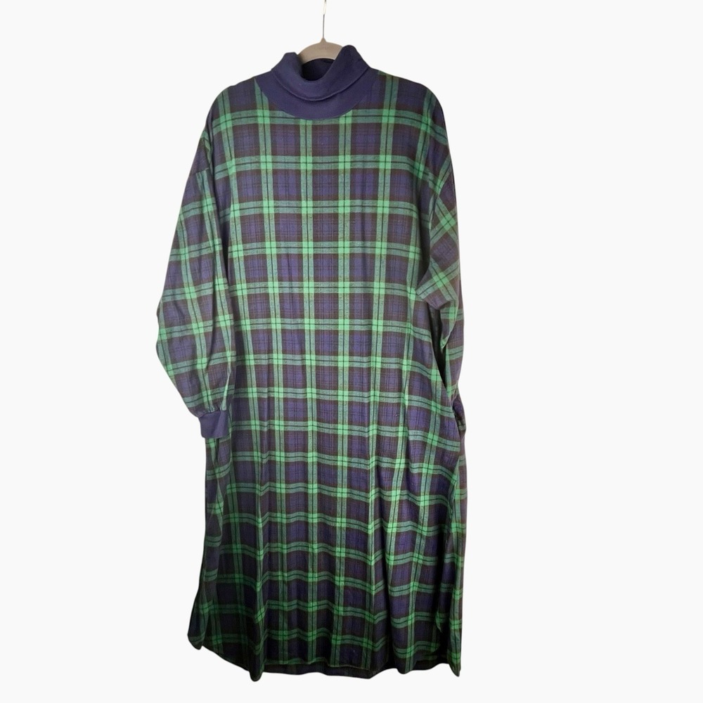 Vintage LL Bean Plaid Flannel Nightgown CottageCore XL Turtleneck Blue Green